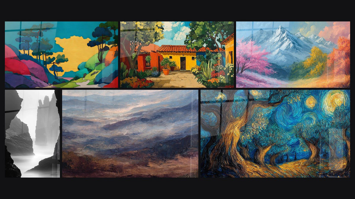 Mosaico di sei quadri, tra cui Paesaggio montano colorato, Siesta Andalusa e Nebbia N°1