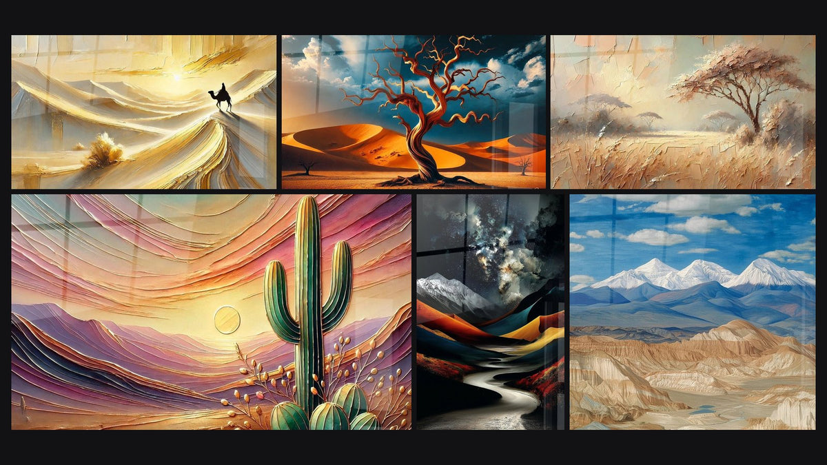 Mosaico de seis cuadros, entre ellos Soledad de las Dunas, Crepúsculo del Desierto y Sombras del Desierto