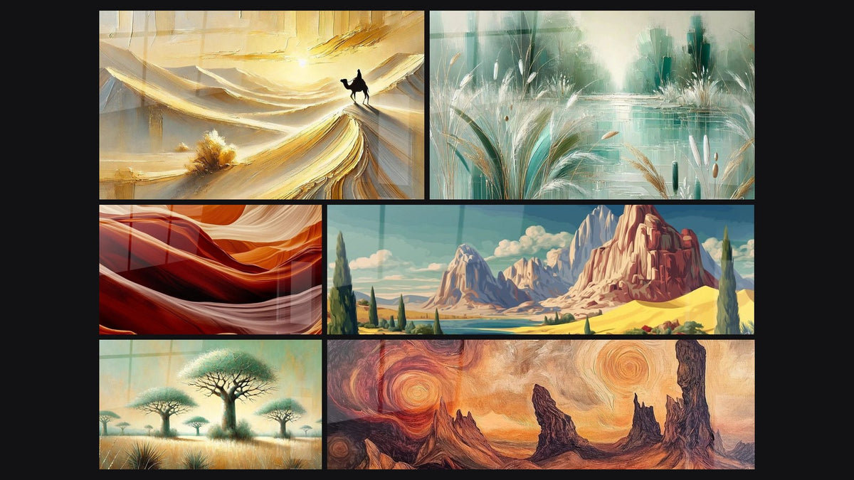 Mosaïque de six tableaux, dont Solitude des Dunes, Fluide Désertique et Gardiens du Désert