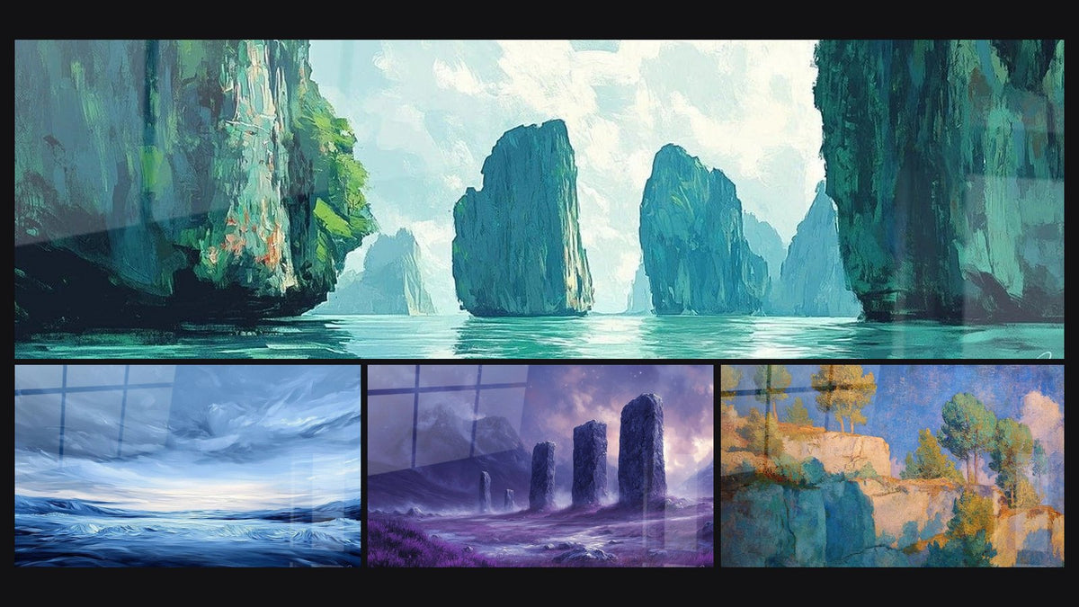 Mosaïque de quatre tableaux, dont Baie Émeraude, Mer Tourmentée et Menhirs Ancestraux