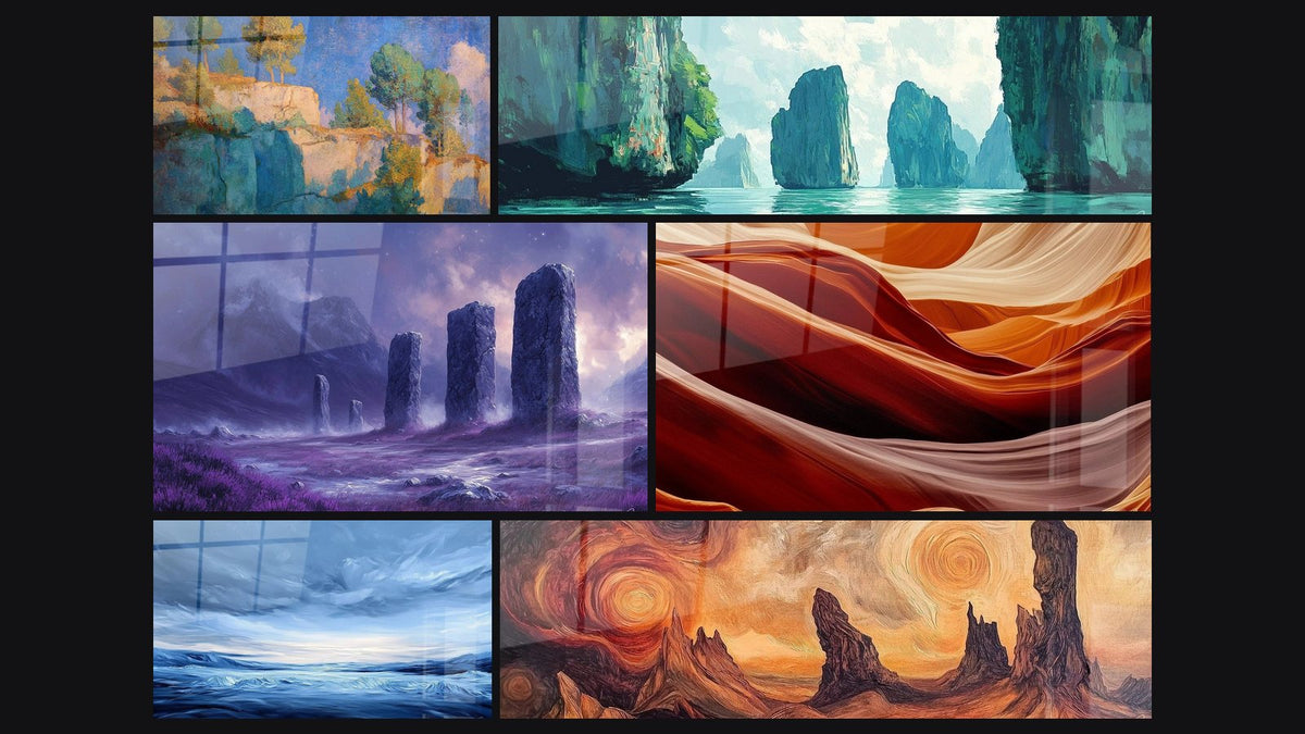 Mosaic of six paintings, including Mediterranean Cliffs, Emerald Bay and Ancestral Monoliths