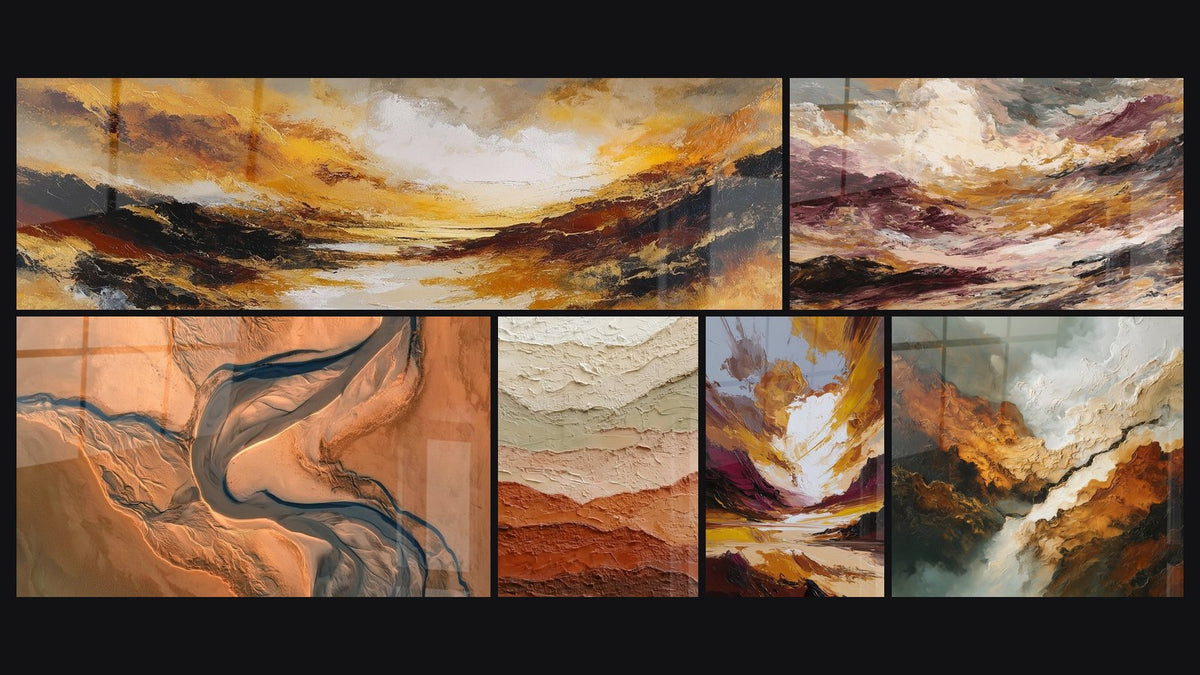 Mosaïque de six tableaux, dont Paysage Abstrait aux Tons Ocre et Bordeaux