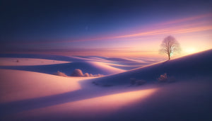 Peinture minimaliste de paysage enneigé au crépuscule, lumière douce caressant la neige, atmosphère poétique et contemplative hivernale