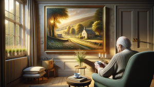 Tableau de paysage champêtre apaisant dans une chambre de résidence pour personnes âgées, atmosphère réconfortante et thérapeutique