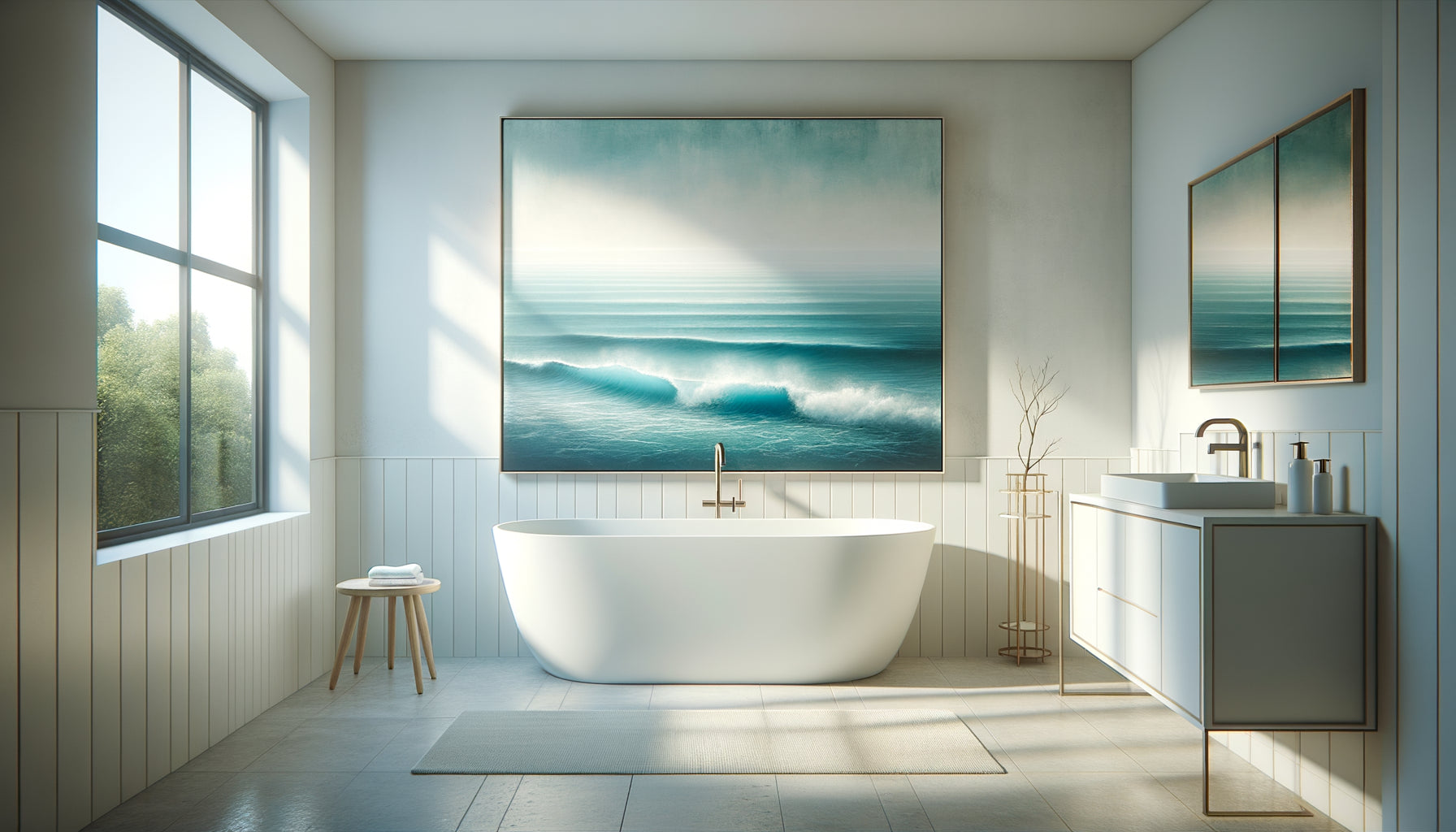 Salle de bain moderne avec grand tableau de paysage marin abstrait aux tons bleus apaisants au-dessus d'une baignoire blanche