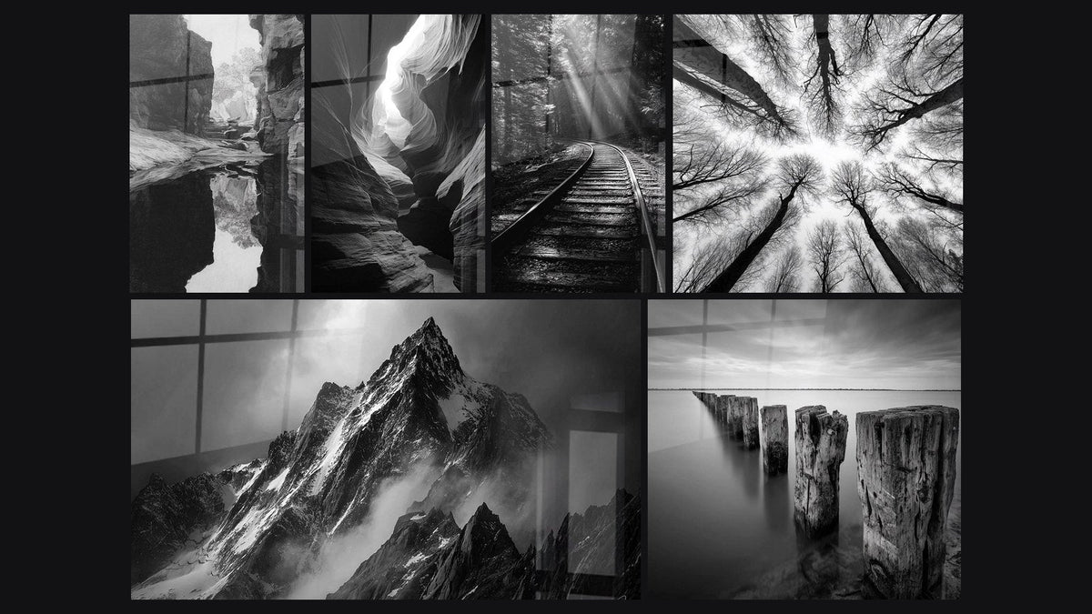 Mosaic of six paintings, including Mystical Canyon, Sculptured Canyon and Railroad Forest Trail