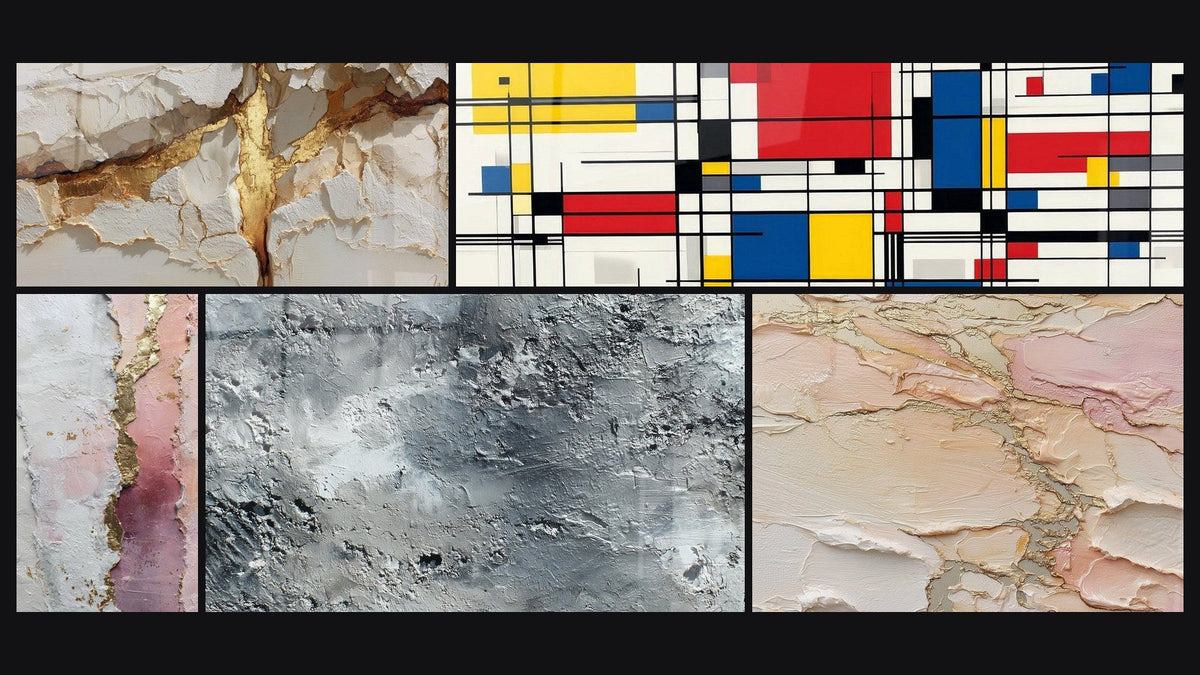 Mosaïque de cinq tableaux, dont Composition géométrique et Abstrait rose blanc or avec texture dorée