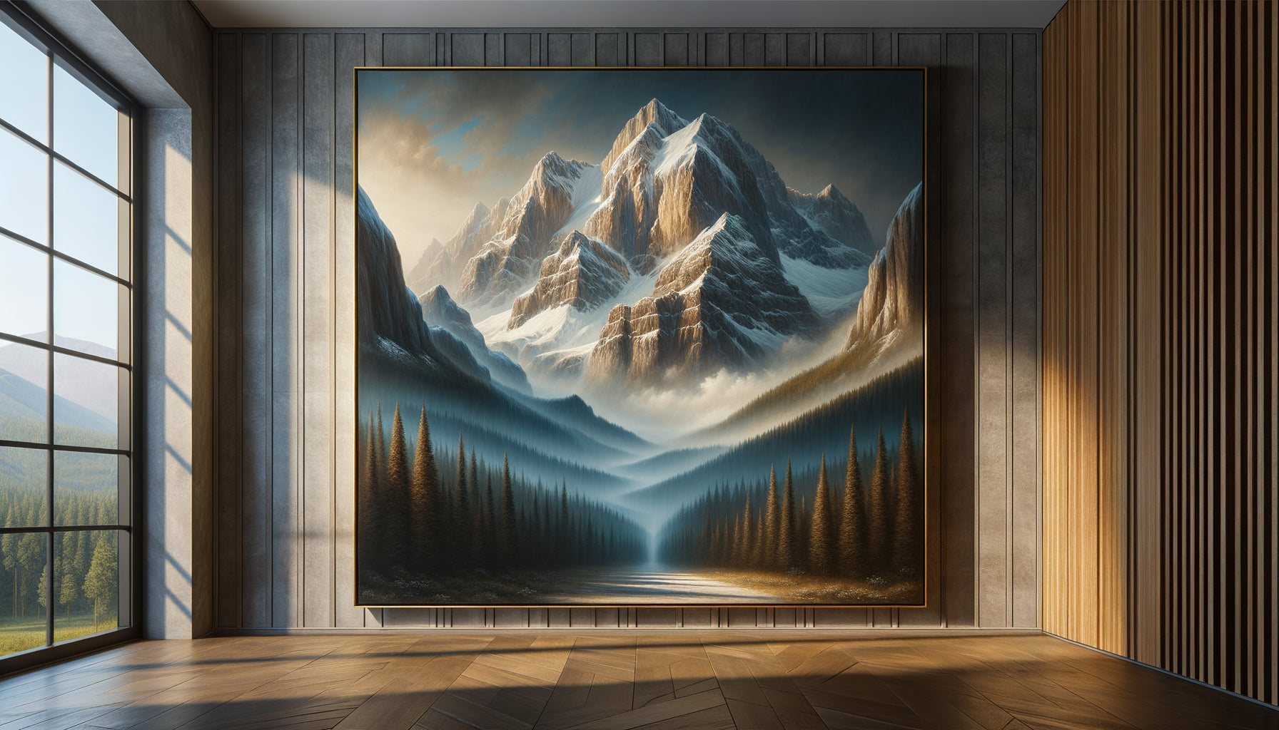 Tableau de paysage montagneux majestueux aux lignes ascendantes créant un effet apaisant et inspirant dans un intérieur moderne