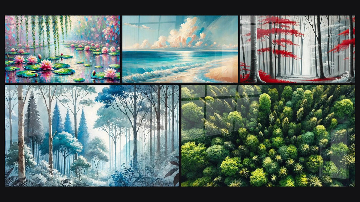 Mosaic of five paintings, including Infinite Calm, Silent Forest and Lungs of the Earth