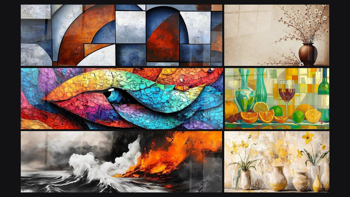 Mosaik aus sechs Gemälden, darunter Geometrische Kreisformen, Entfesselte Natur Glühend und Farbenfest