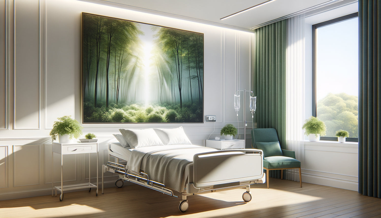 Chambre d'hôpital moderne avec grand tableau de paysage naturel apaisant au-dessus du lit patient