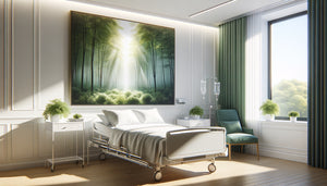 Chambre d'hôpital moderne avec grand tableau de paysage naturel apaisant au-dessus du lit patient