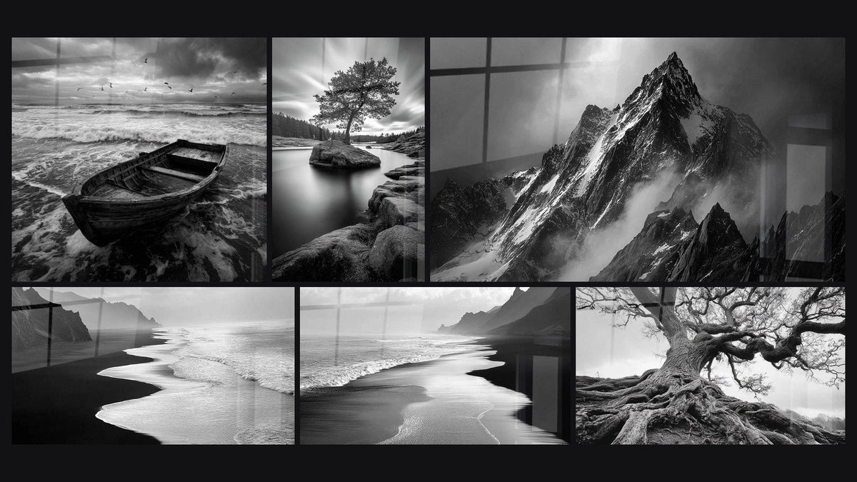 Mosaico di sei quadri, tra cui Barca arenata sulla spiaggia, Albero solitario su scoglio nel lago e Montagne Imbiancate