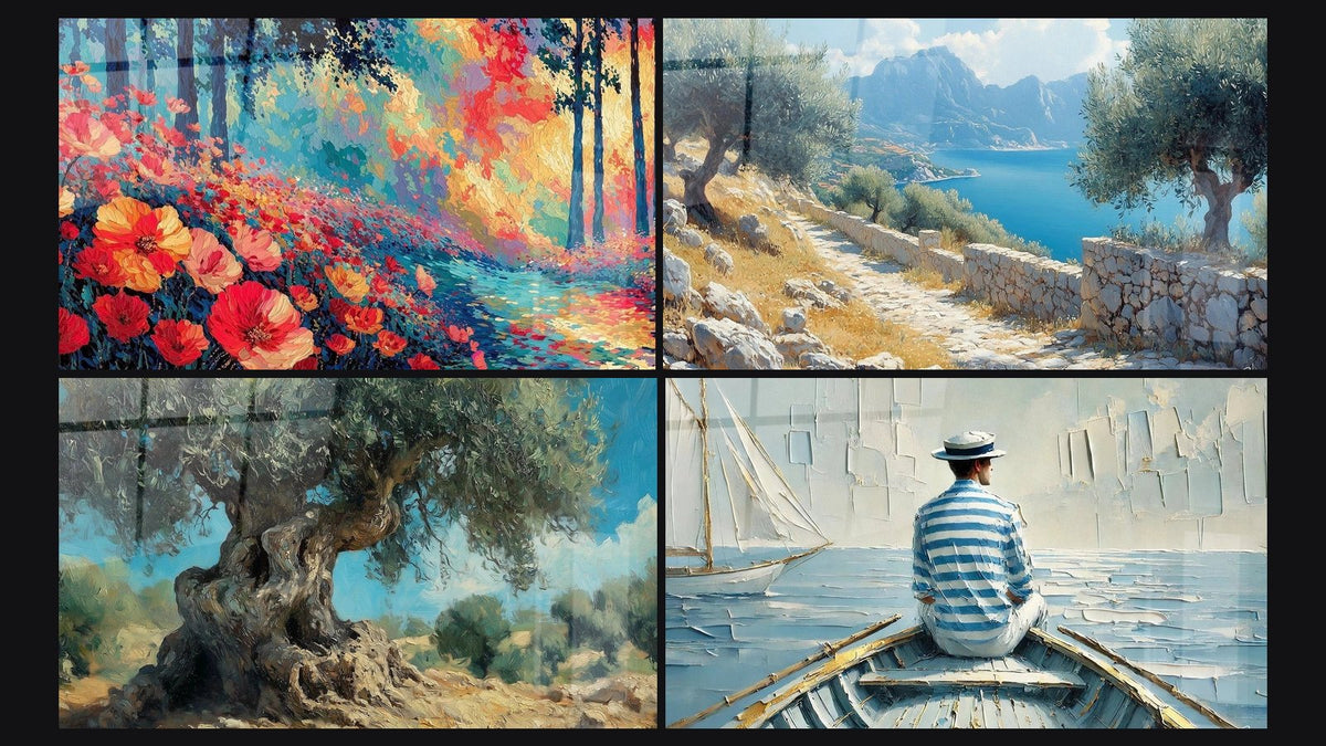 Mozaïek van vier schilderijen, waaronder Boslandschap Scharlaken Bloemen, Olijfpad en De Kunst van Water