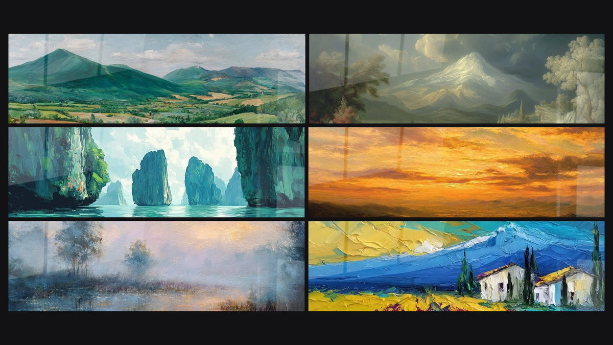 Mosaico de seis cuadros, entre ellos Paisaje montañoso, Montaña Volcánica y Bahía Esmeralda