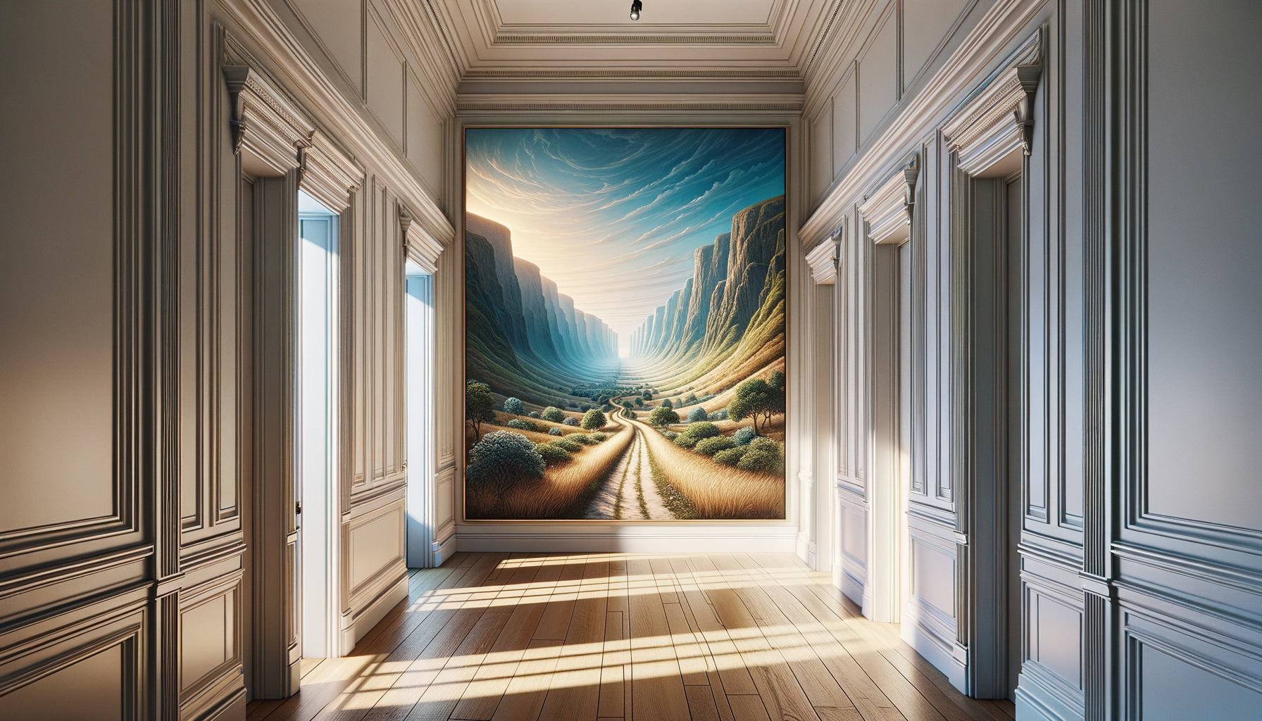 Couloir court avec tableau de paysage en perspective créant une illusion de profondeur et d'agrandissement visuel