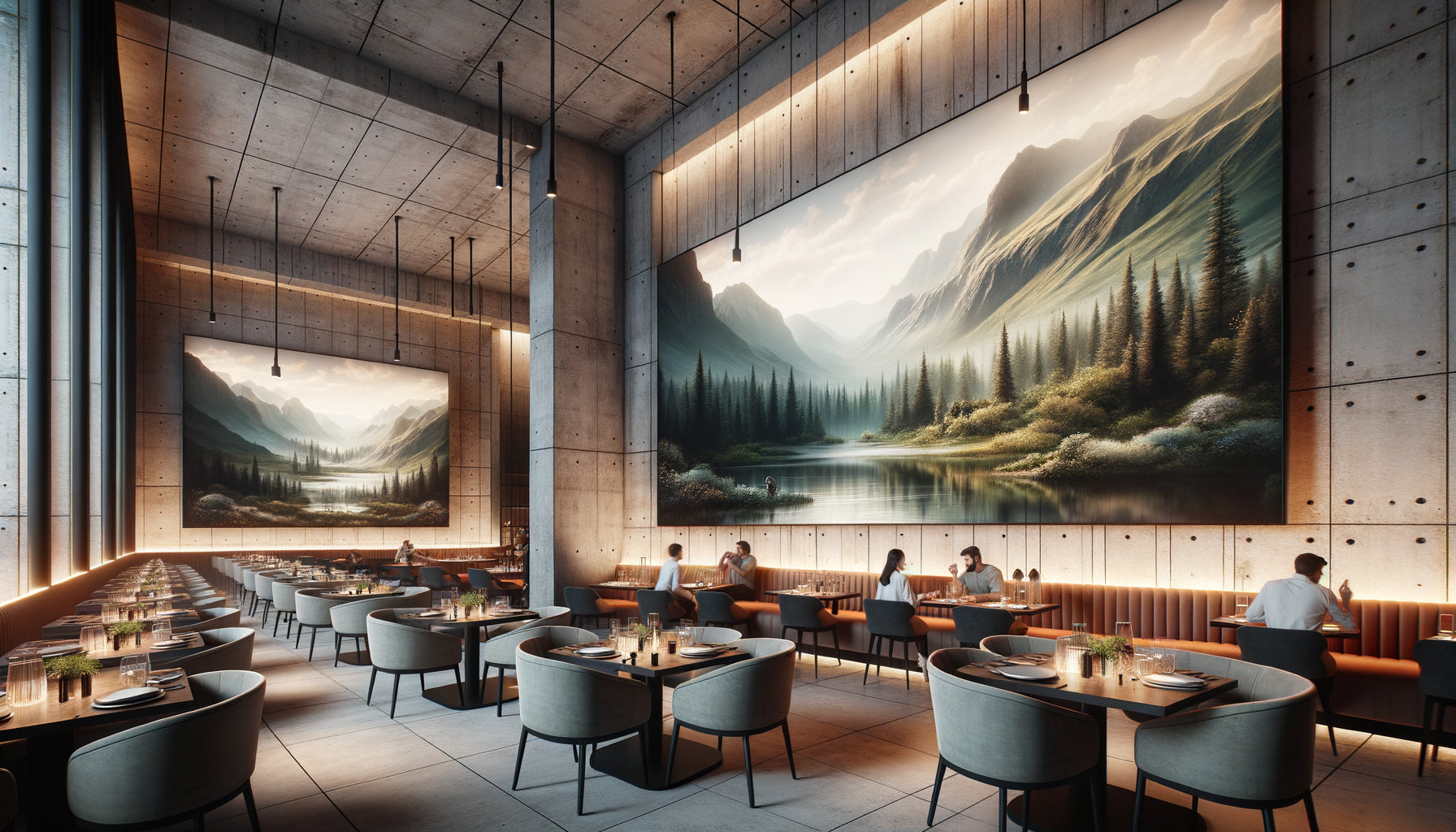 Restaurant urbain contemporain avec grand tableau mural de paysage naturel créant un contraste apaisant avec l'architecture industrielle