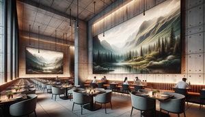 Restaurant urbain contemporain avec grand tableau mural de paysage naturel créant un contraste apaisant avec l'architecture industrielle
