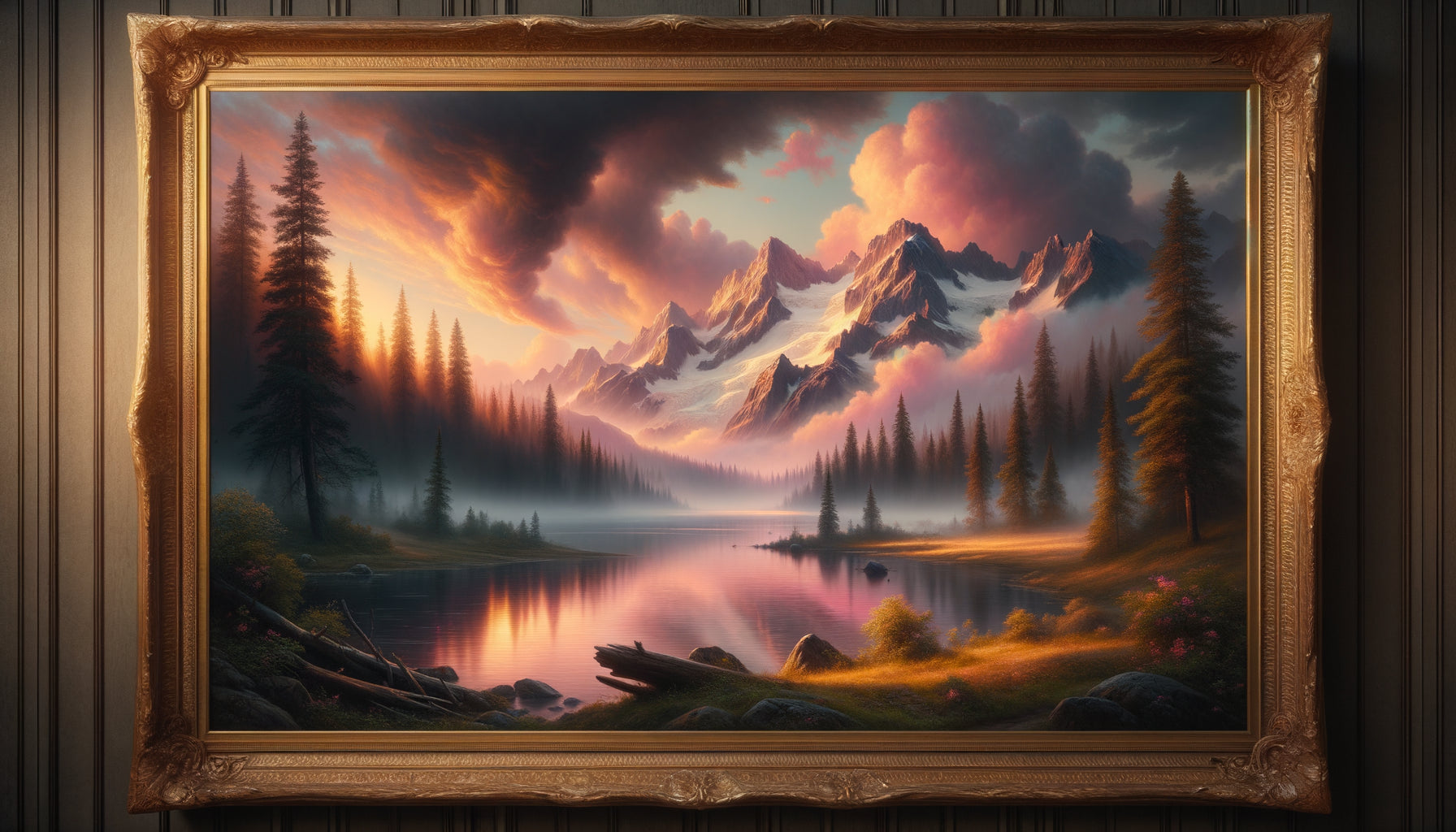 Tableau paysage romantique 19ème siècle avec lac de montagne brumeux et forêt au coucher de soleil