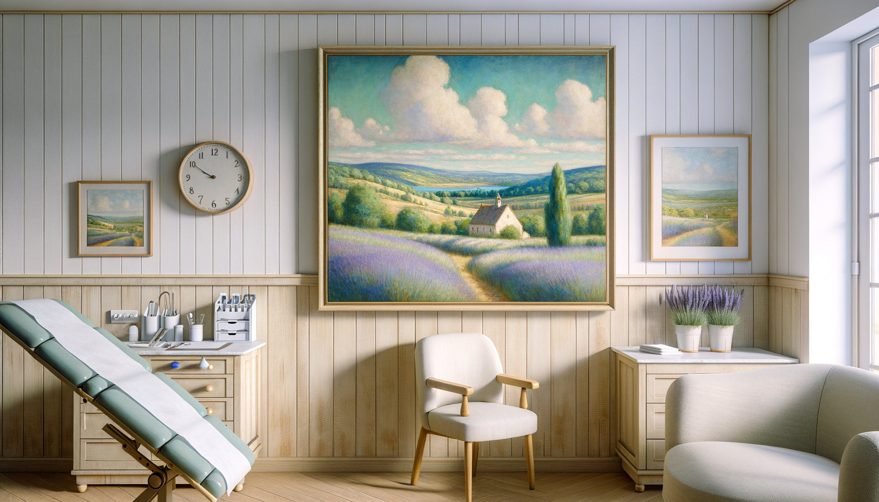 Tableau paysage campagnard aux tons apaisants dans cabinet médical rural, style aquarelle douce avec champs et collines
