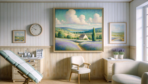 Tableau paysage campagnard aux tons apaisants dans cabinet médical rural, style aquarelle douce avec champs et collines