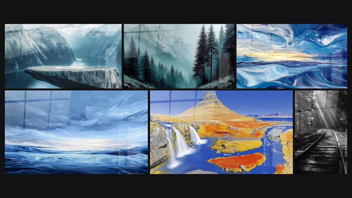 Mosaico de seis cuadros, entre ellos Fiordo N°1, Paisaje Montañoso Brumoso y Mar Tormentoso