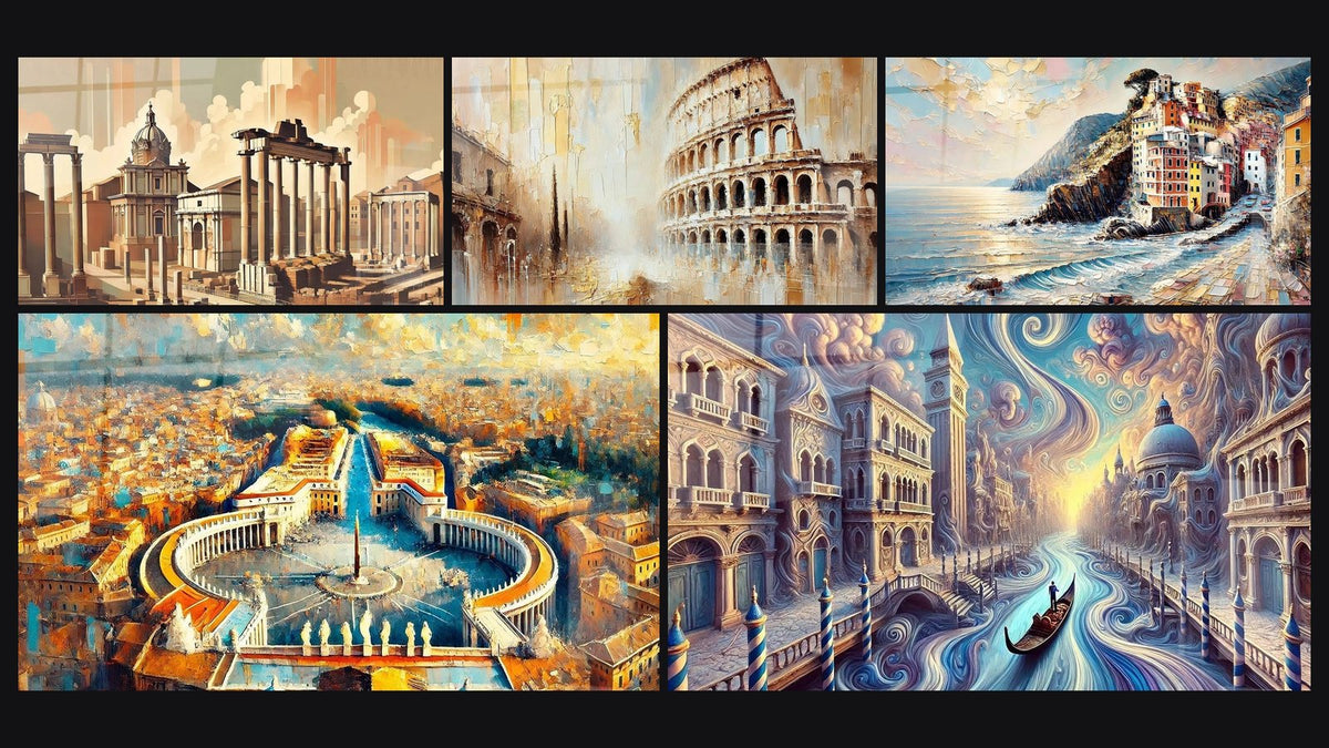 Mosaic of five paintings, including Colosseum Wall Art No.1 and Cinque Terre Wall Art No. 1