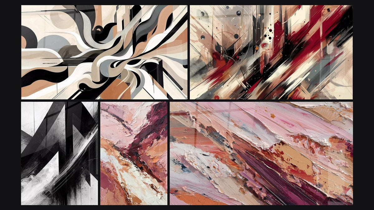 Mosaico de cinco cuadros, entre ellos Vibraciones Gráficas, Trayectorias Fracturadas y Turbulencia Artística