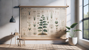 Planche pédagogique botanique vintage années 1920 accrochée sur mur blanc, illustrations scientifiques anciennes patinées
