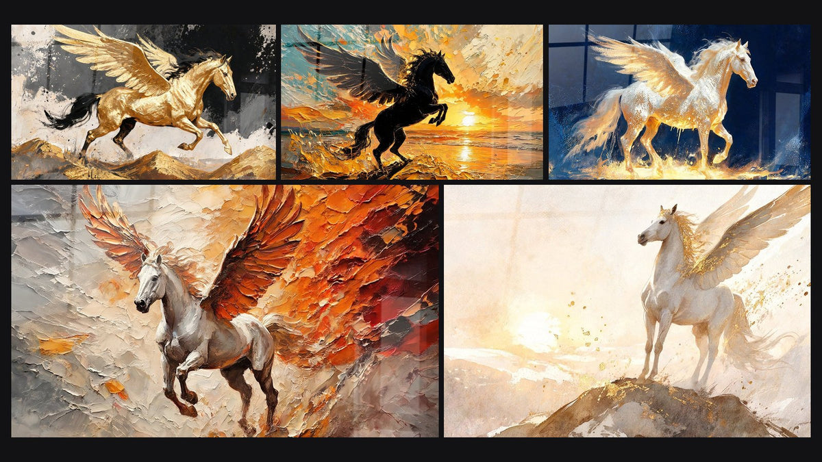 Mosaïque de cinq tableaux, dont Cheval ailé doré et noir sur dunes et Pégase noir cabré sur vagues dorées
