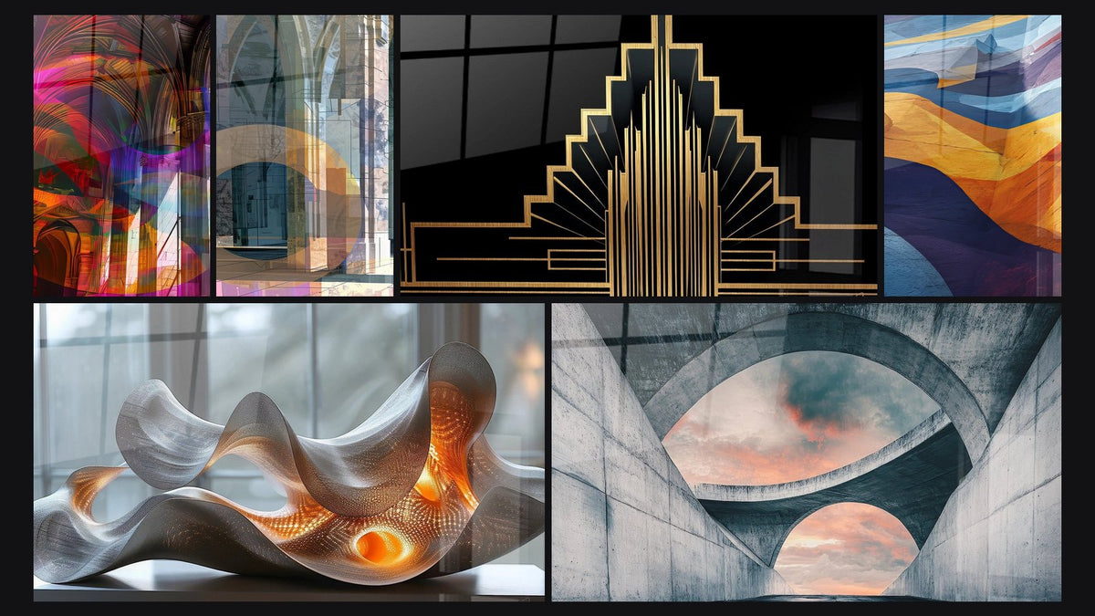 Mosaik aus sechs Gemälden, darunter Gothisches Architektur-Wandbild und Moderne Architektur abstrakt