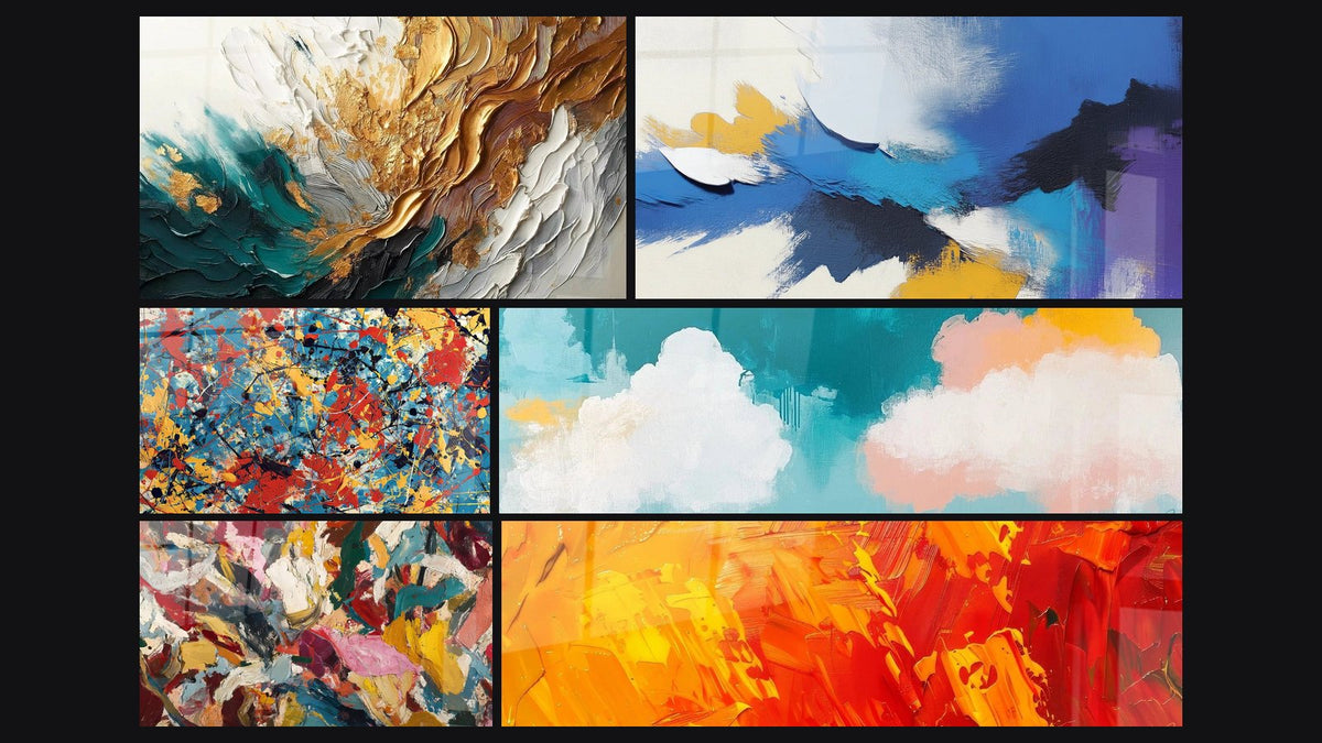 Mosaïque de six tableaux, dont Trace en Or et Jade, Abstrait coloré et Abstrait explosion de couleurs