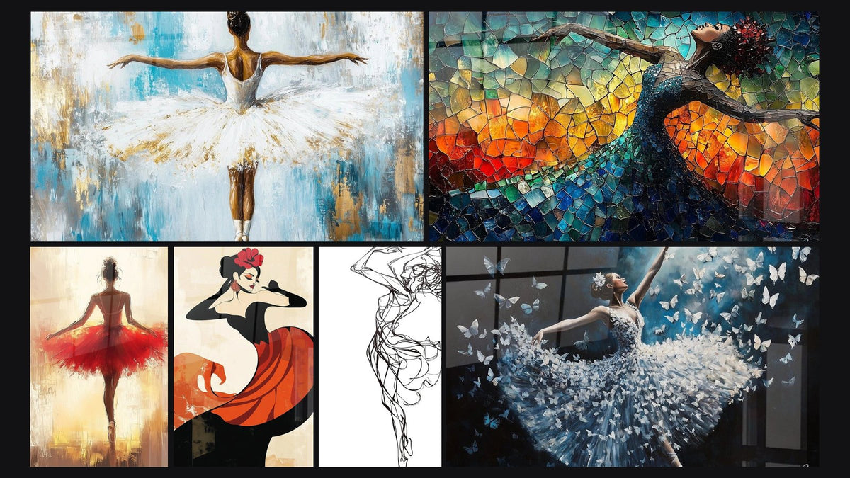 Mosaïque de six tableaux, dont Danse de Lumière, Fleur de Feu et La Dame Rouge