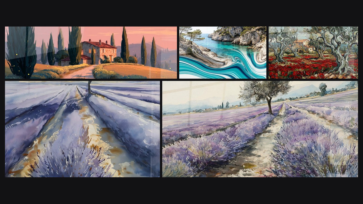 Mosaïque de cinq tableaux, dont Maison Toscane Coucher de Soleil, Paysage Hivernal et Champ de Lavande