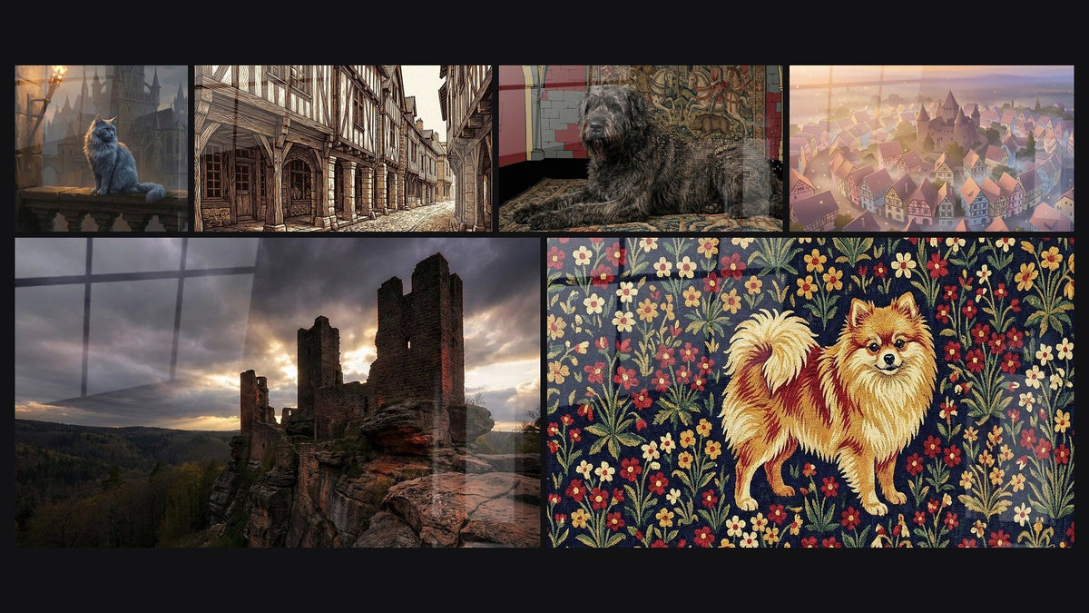 Mosaïque de six tableaux, dont Chat Nebelung sur Balcon Médiéval, Architecture Médiévale et Château en Ruines
