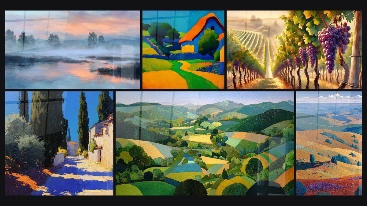 Mosaïque de six tableaux, dont Paysage brumeux au coucher de soleil, Paysage rural coloré et Promesse du Vin