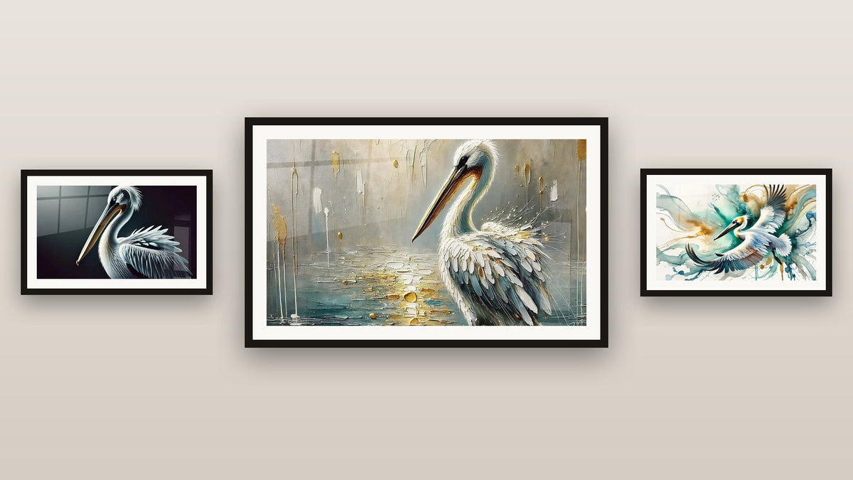 Mur de galerie avec trois tableaux encadrés : Poésie des Eaux, L'Esprit du Fleuve et Gardien des Rivages