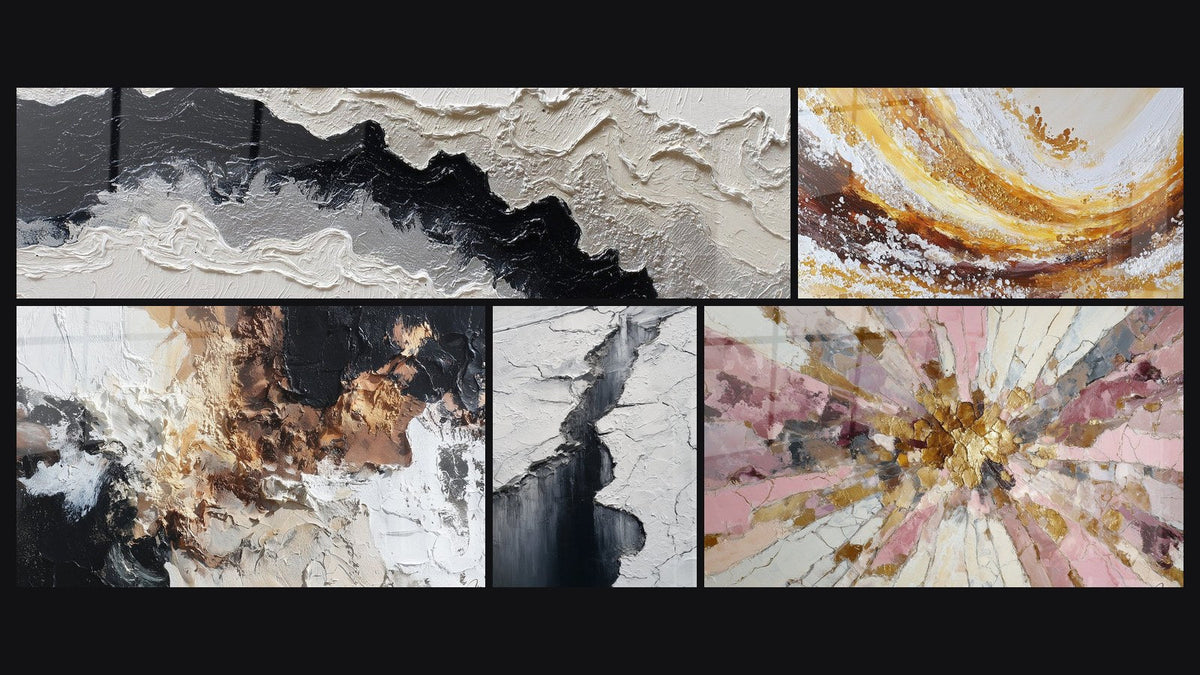 Mosaic of five paintings, including Glacier Crevasse Wall Art Grey and Black