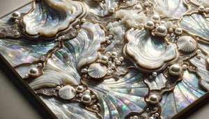 Tableau décoratif en nacre et perles véritables avec reflets irisés changeants, art mural luxueux inspiré des trésors marins