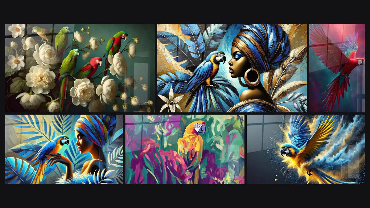Mosaïque de six tableaux, dont Jardin Exotique, Dialogue d'Or et de Bleu et Liaison Naturelle