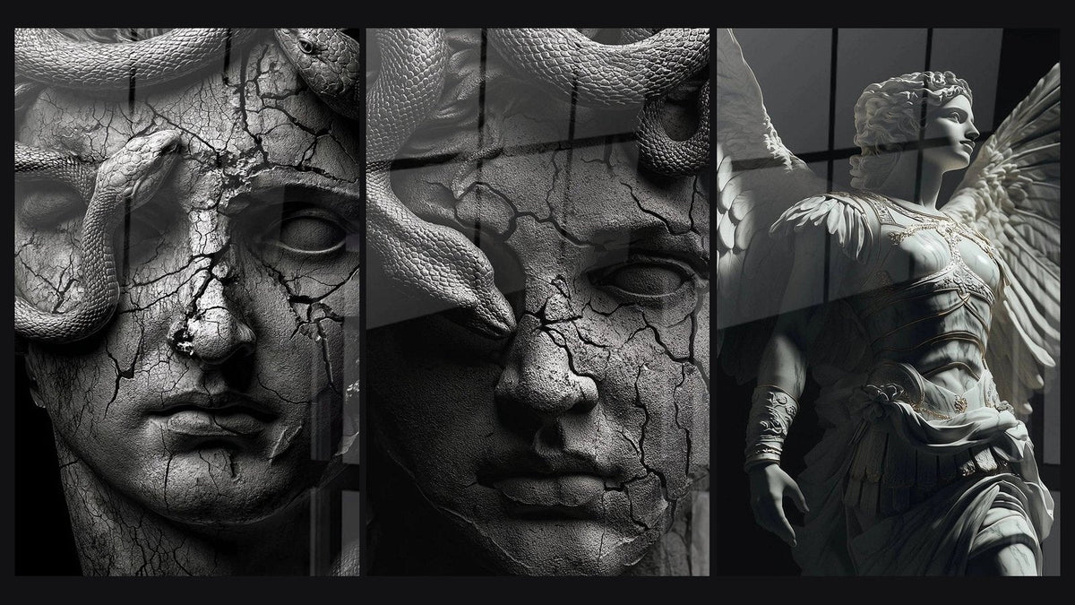 Mosaico di tre quadri: Medusa Serpenti, Donna serpente mitico e Valchirie N°1