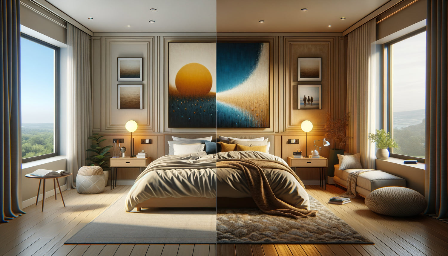 Comparaison visuelle entre chambre d'hôtel impersonnelle et chambre personnalisée par un tableau artistique significatif