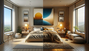 Comparaison visuelle entre chambre d'hôtel impersonnelle et chambre personnalisée par un tableau artistique significatif