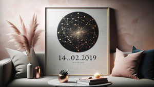 Tableau personnalisé romantique avec carte du ciel et date de rencontre, design typographique élégant contemporain