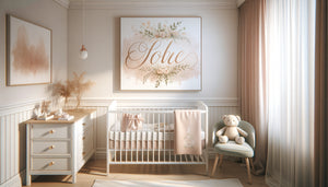 Tableau personnalisé avec prénom en calligraphie suspendu au-dessus d'un lit d'enfant dans une chambre douillette aux tons pastel