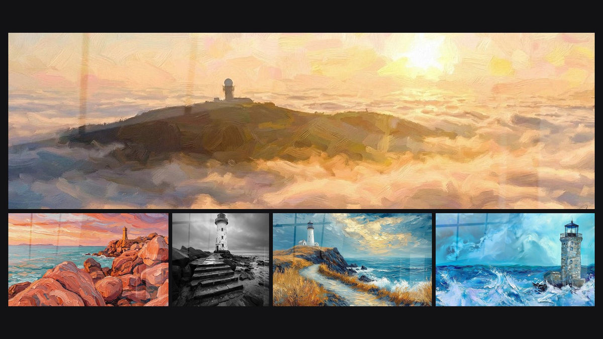 Mosaïque de cinq tableaux, dont Phare dans les Nuages, Côte Bretonne au Phare et Phare sur jetée