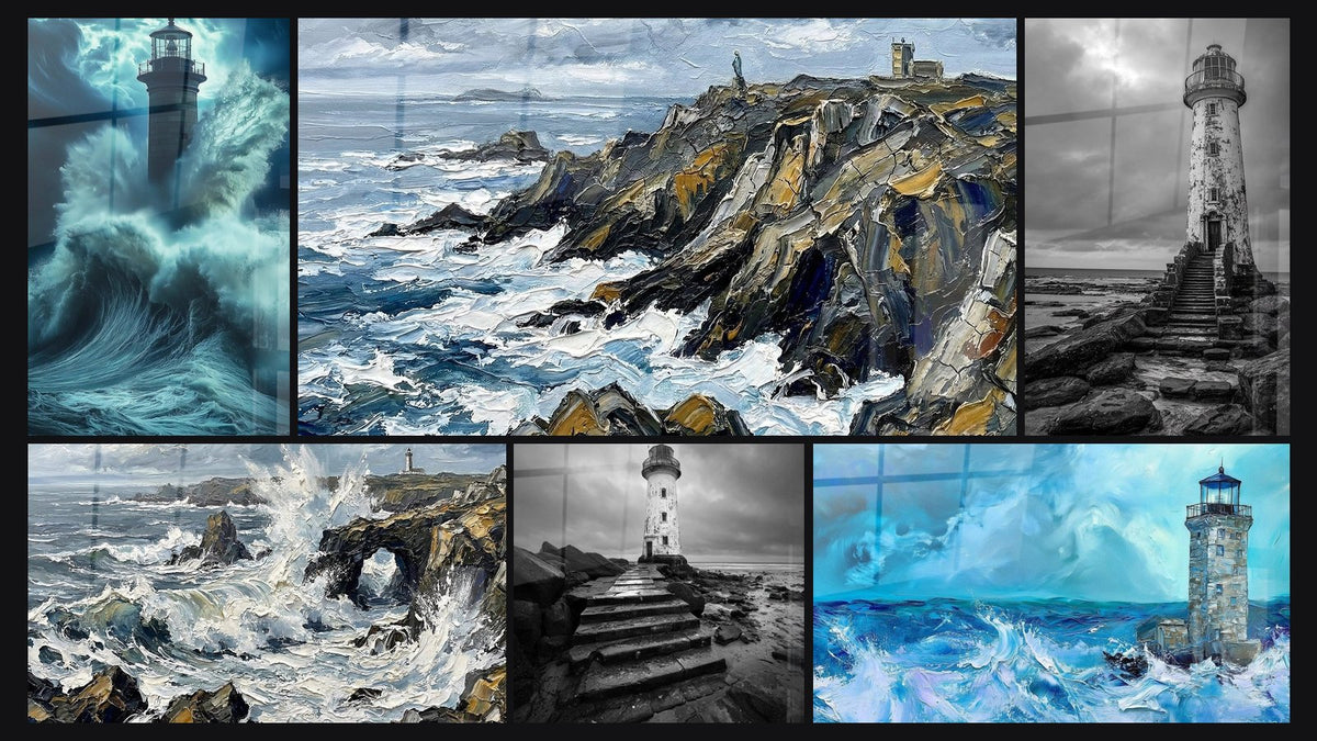 Mosaïque de six tableaux, dont Phare N°1, Côte Bretonne Tempête et Côte Bretonne
