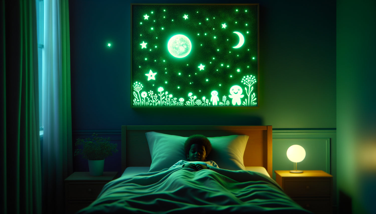 Tableau phosphorescent sécuritaire diffusant une douce lueur dans une chambre d'enfant la nuit