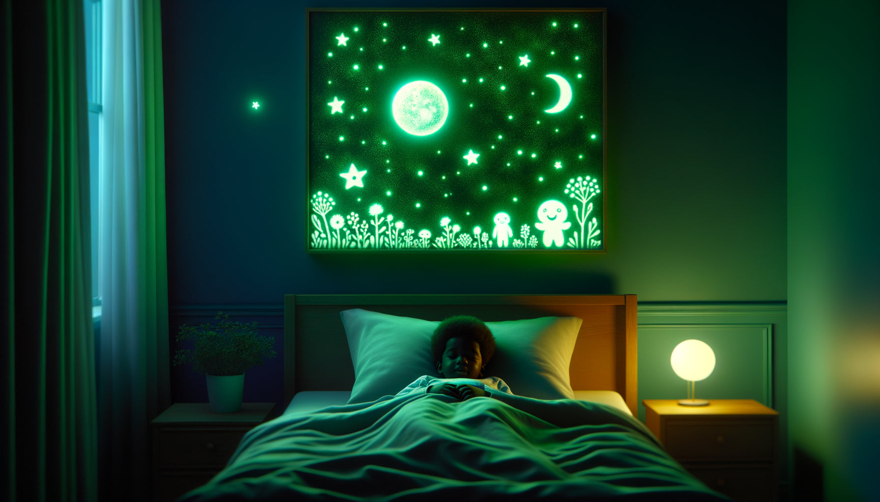 Tableau phosphorescent sécuritaire diffusant une douce lueur dans une chambre d'enfant la nuit
