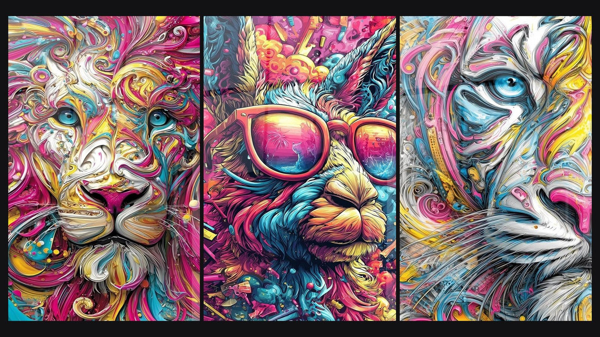 Mosaïque de trois tableaux : Lion psychédélique, Lama Lunettes et Tigre abstrait